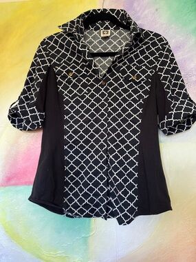 Anne Klein Black and White Geometric Button-Down Shirt - Size S